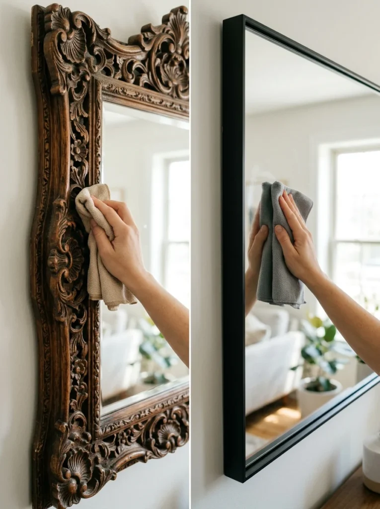 Cleaning decorative and minimalist mirror frames.