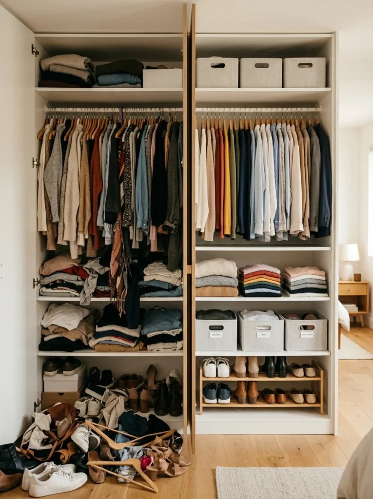 Overfilled closet before starting the one-year rule decluttering process.