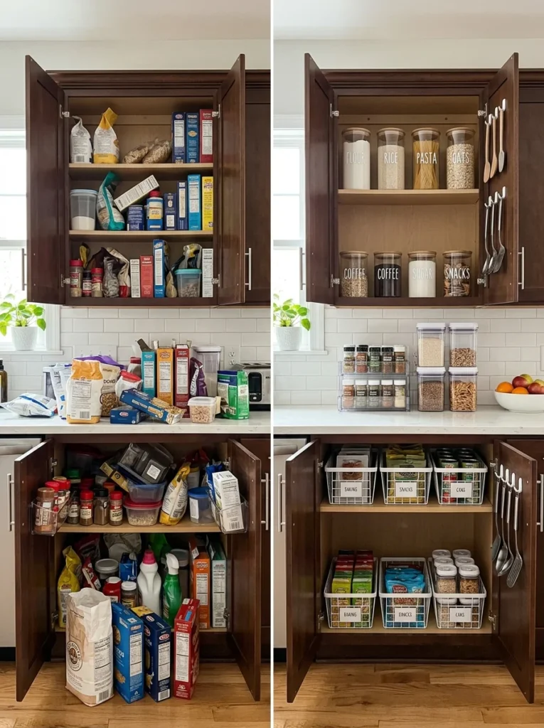 Comparison of cluttered and organized kitchen storage cabinets.