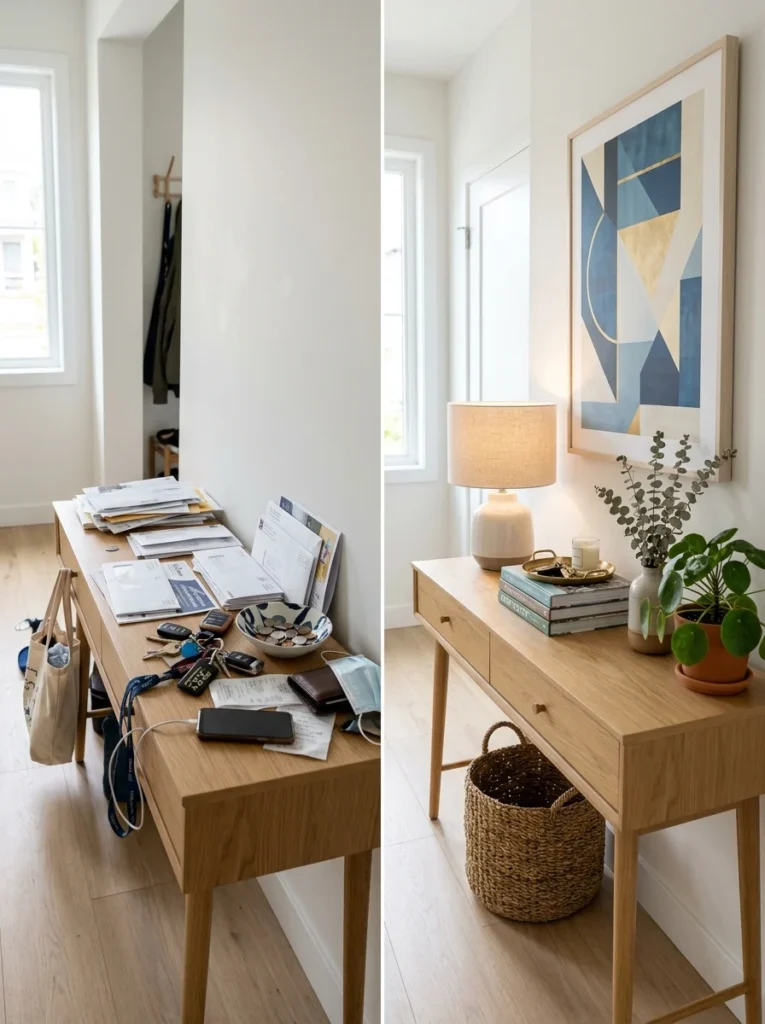 Before and after styling transformation of a console table.
