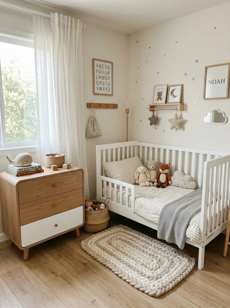 Convertible crib turned into a toddler bed inside a stylish child's bedroom.