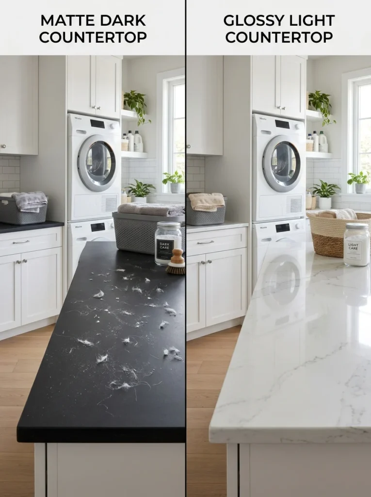 Comparison of matte and glossy laundry room countertop finishes.