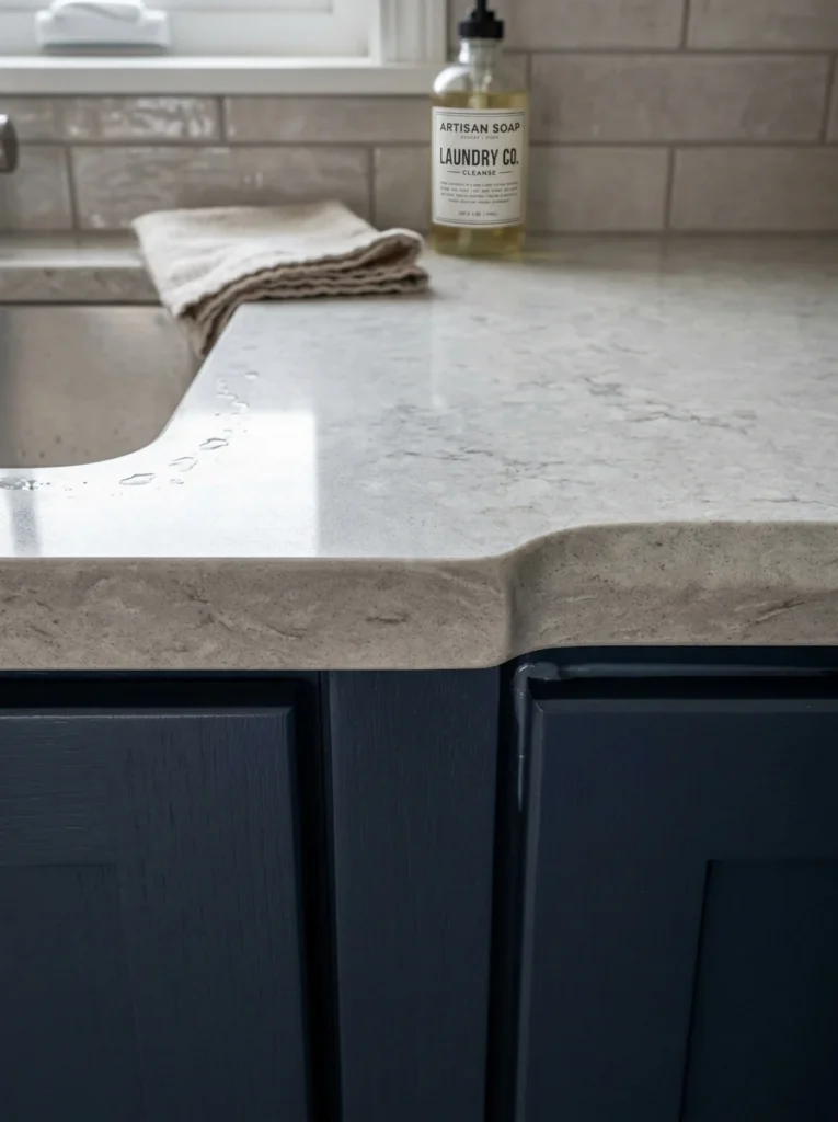 Close-up showing sealed countertop edges for moisture protection.