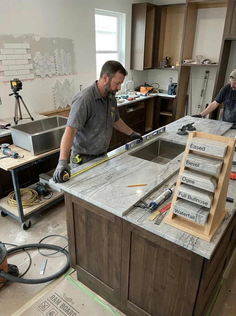 Professional countertop installation showing edge profiles, sink cutouts, and backsplash planning.