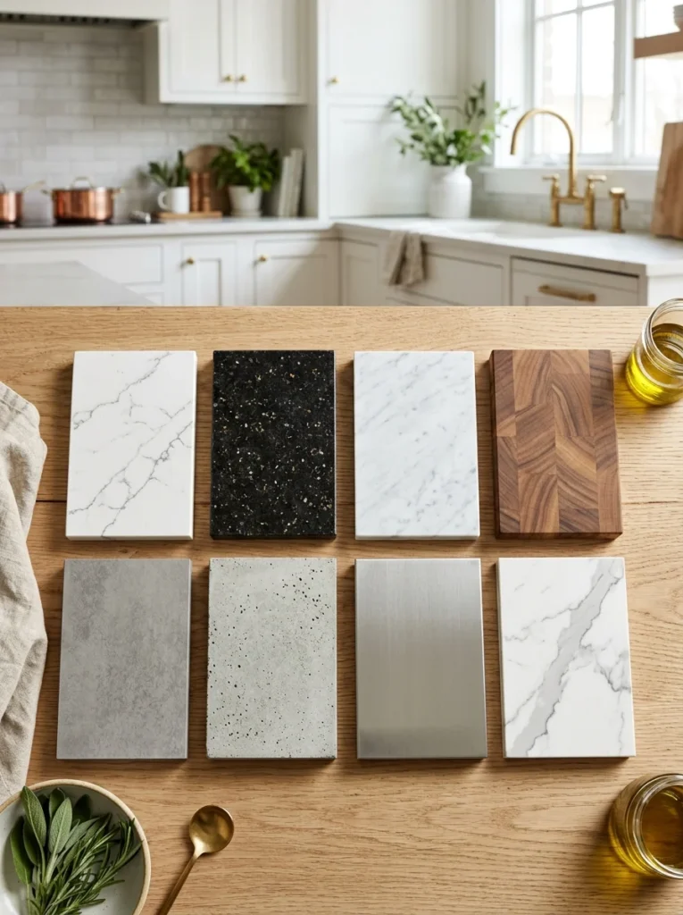 Collection of popular kitchen countertop materials displayed side by side for comparison.