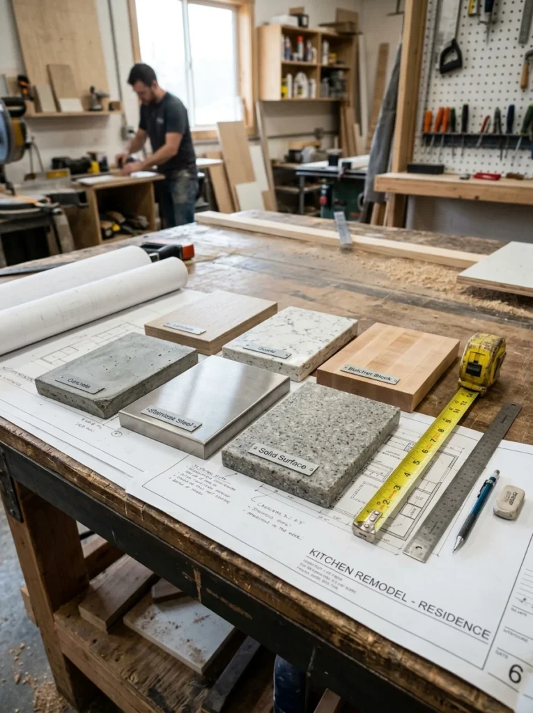 Different countertop materials displayed for cost comparison.