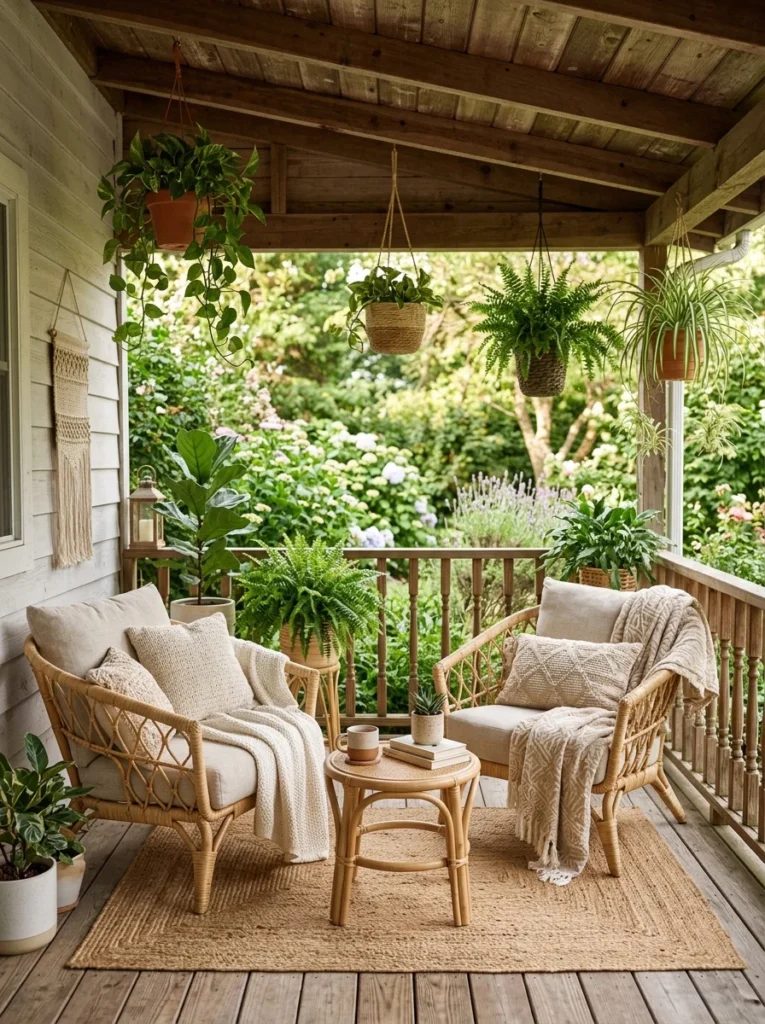 Natural wicker and rattan furniture on a covered porch.