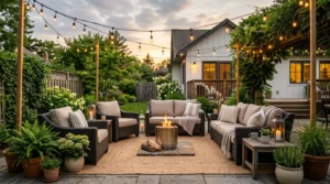 Budget-friendly cozy outdoor living space with comfortable seating, string lights, greenery, and modern backyard decor.