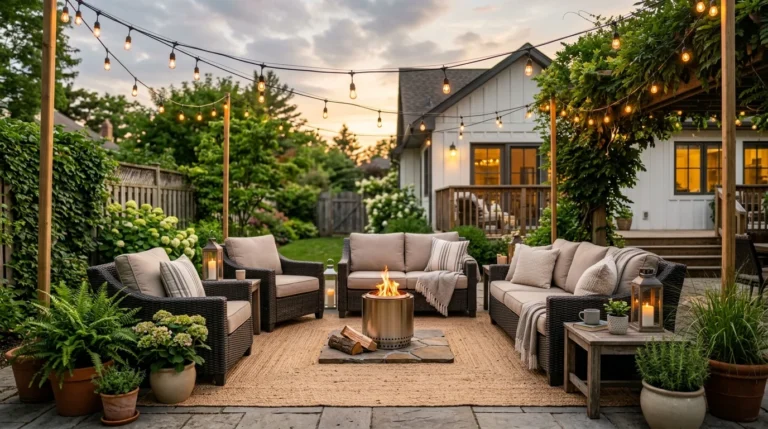 Budget-friendly cozy outdoor living space with comfortable seating, string lights, greenery, and modern backyard decor.