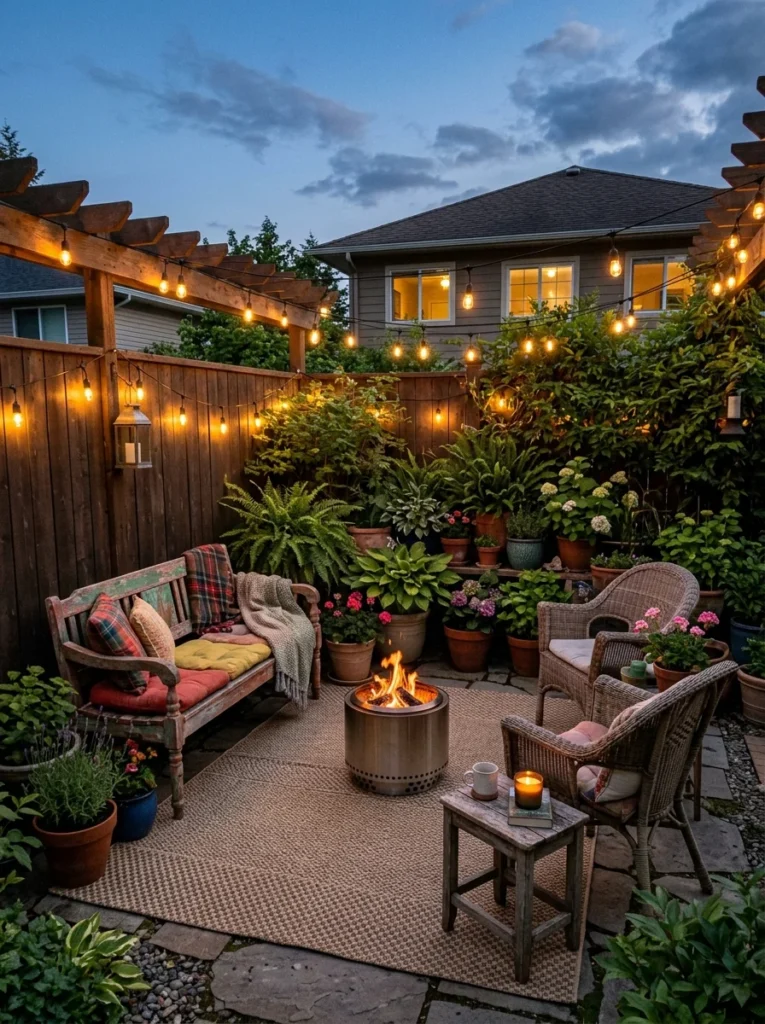 Finished cozy backyard with affordable furniture, string lights, greenery, and outdoor decor.