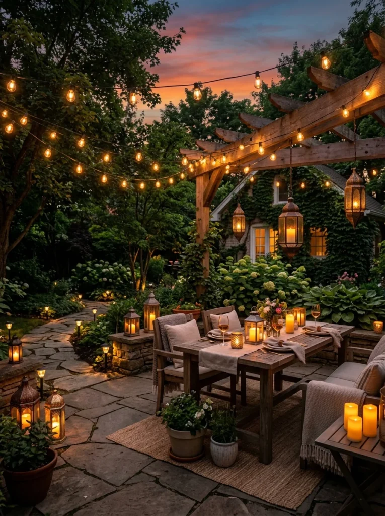 Warm string lights and lanterns lighting a cozy outdoor living space at night.