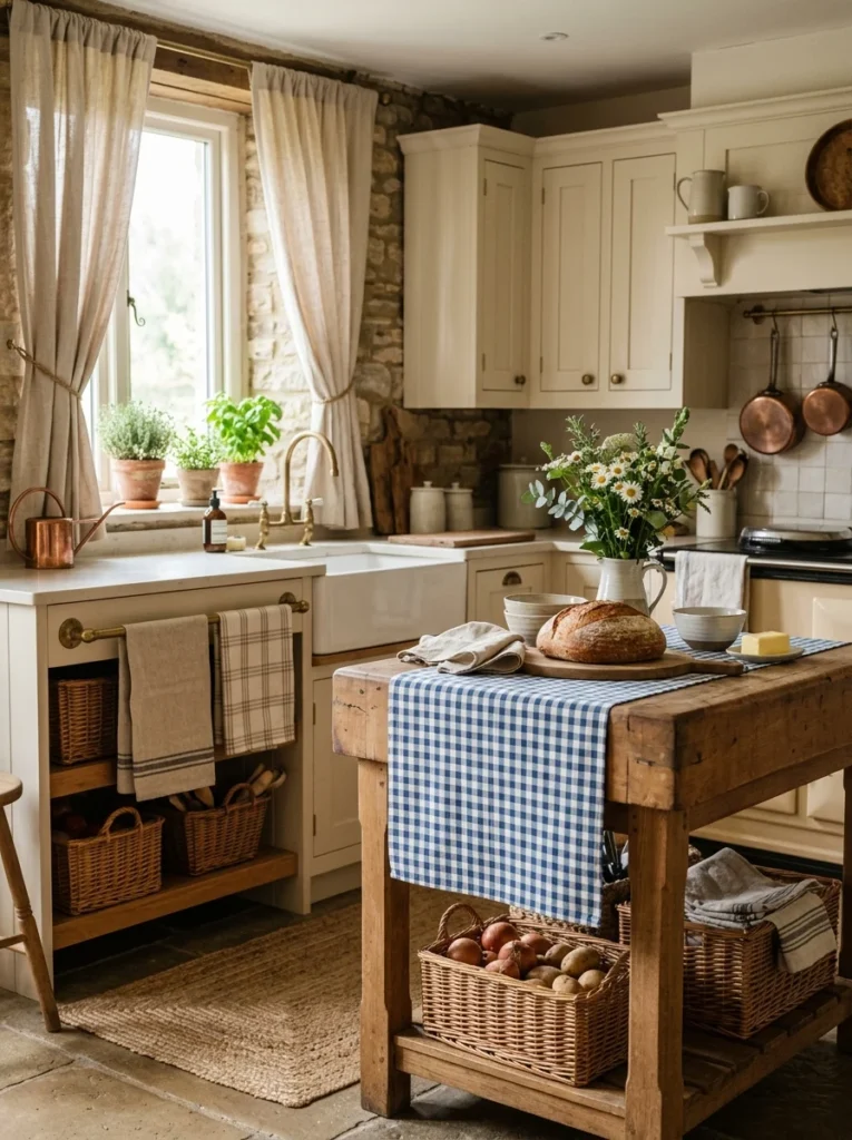 Linen fabrics and woven baskets adding warmth to a farmhouse kitchen