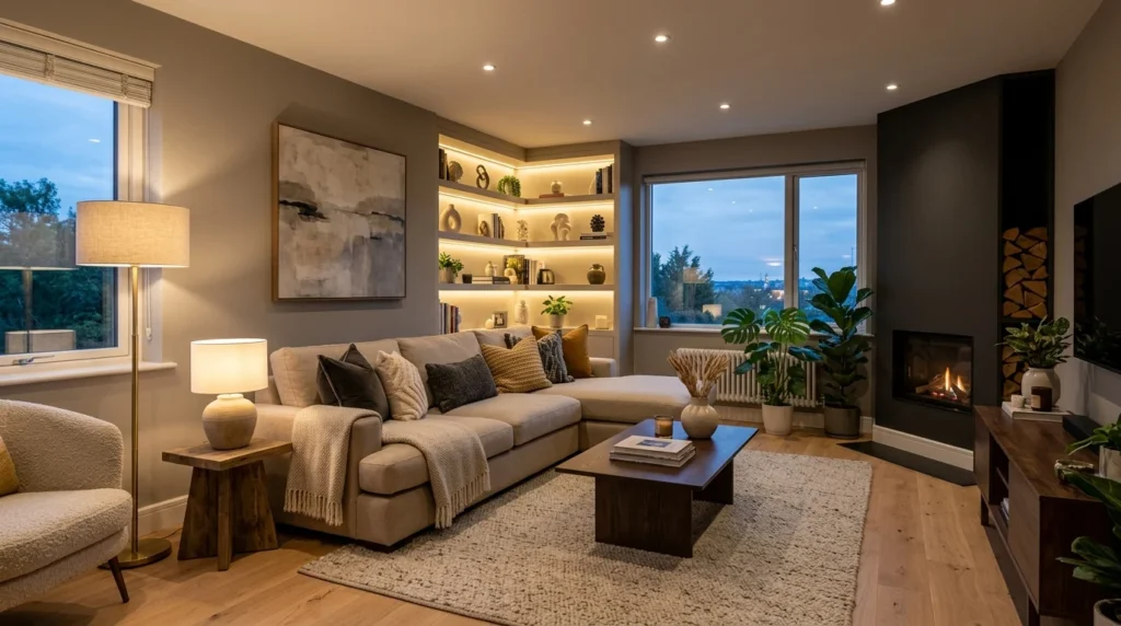 Modern living room illuminated with multiple light sources creating a warm and comfortable atmosphere.