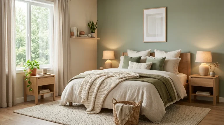 Cozy budget-friendly bedroom with layered bedding, warm lighting, neutral decor, and relaxing modern design.