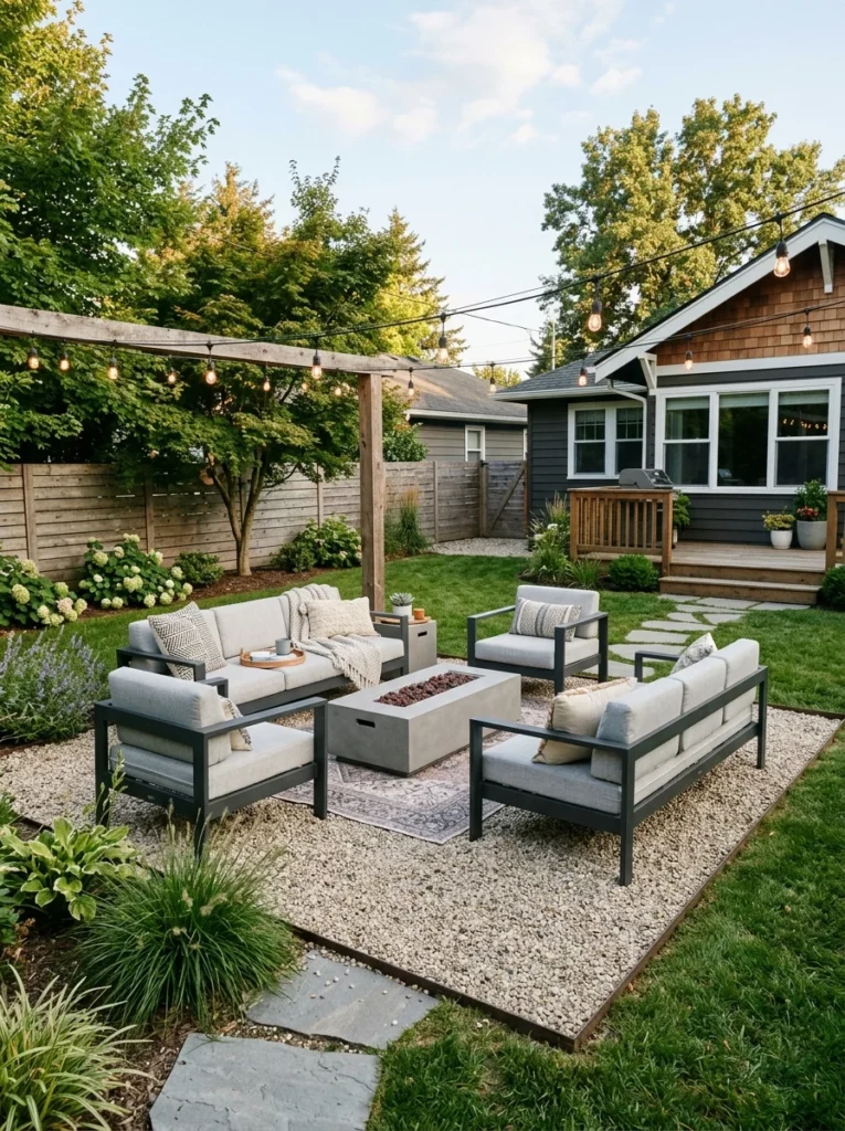 Gravel patio and pavers creating a stable foundation for outdoor furniture.