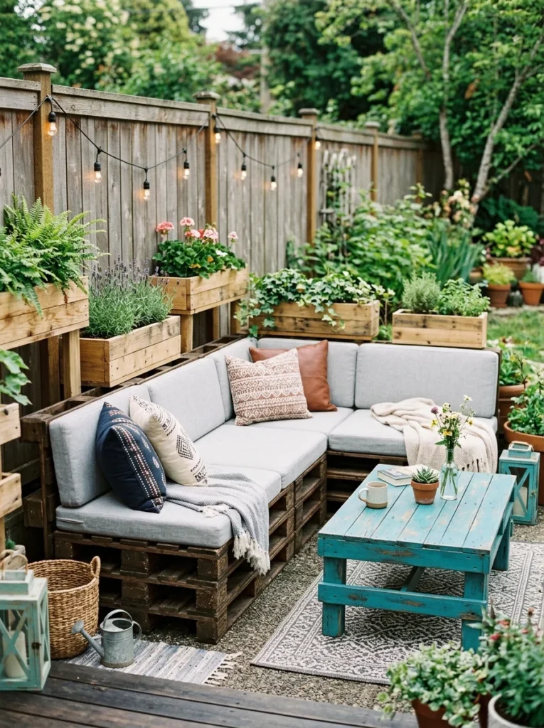 DIY pallet furniture and planter boxes creating an affordable outdoor living area.