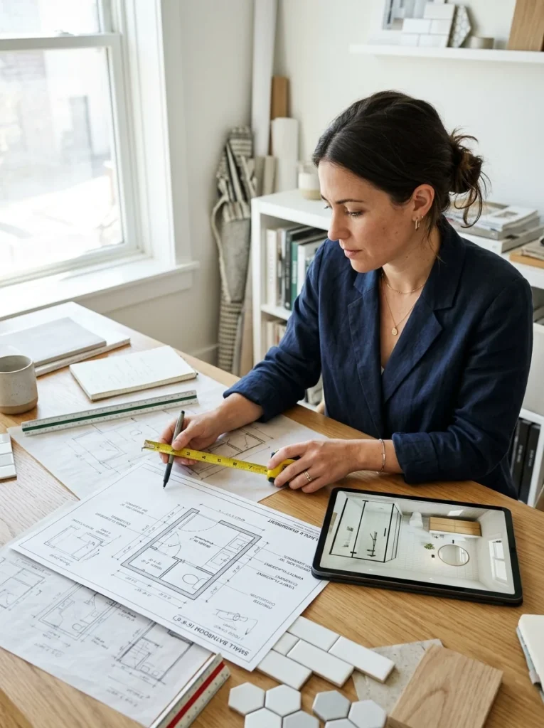 Designer planning a functional small bathroom layout before selecting finishes.