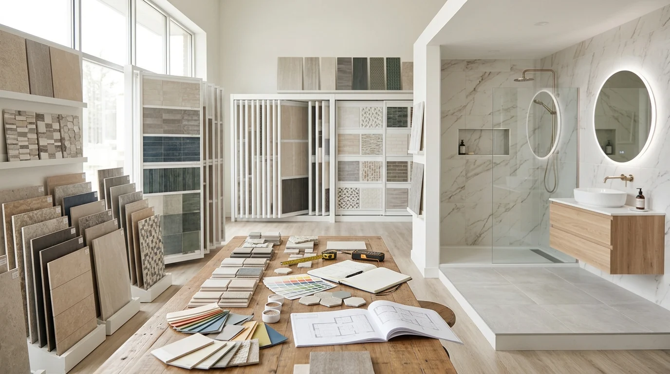 Modern bathroom tile selection with porcelain, ceramic, and natural stone samples.