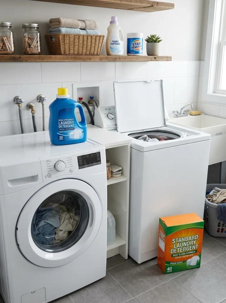 HE detergent displayed beside a front-load washer in a laundry room.