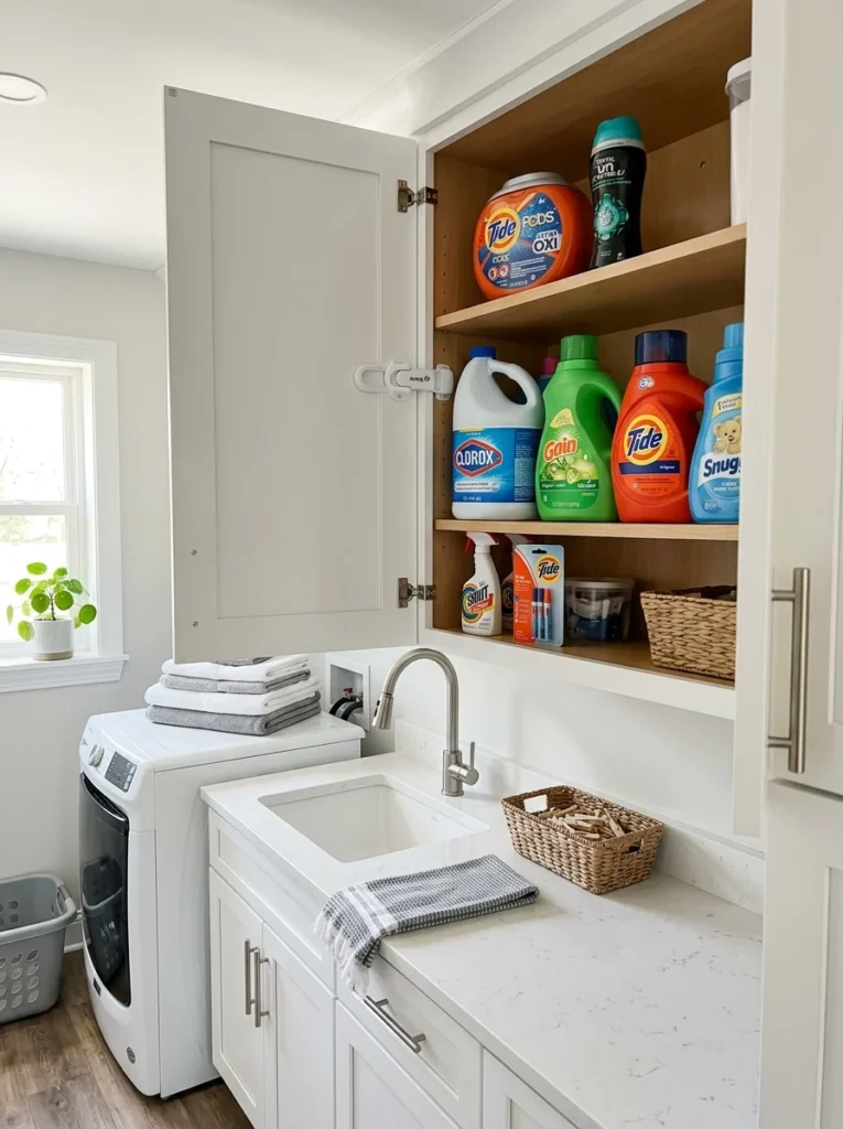 Laundry detergents stored securely in a childproof cabinet.