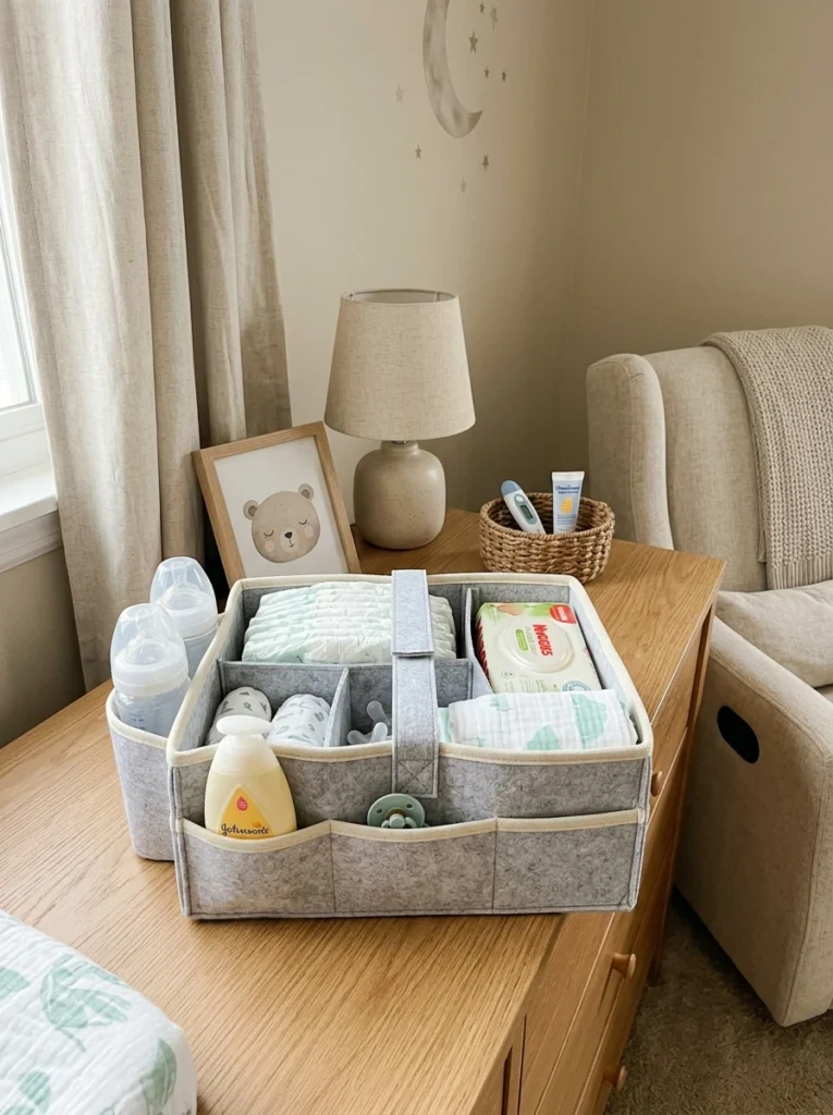 Portable diaper caddy filled with everyday baby care supplies.