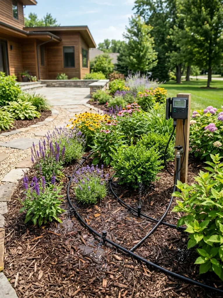 Drip irrigation system providing efficient watering for healthy landscaped garden beds.