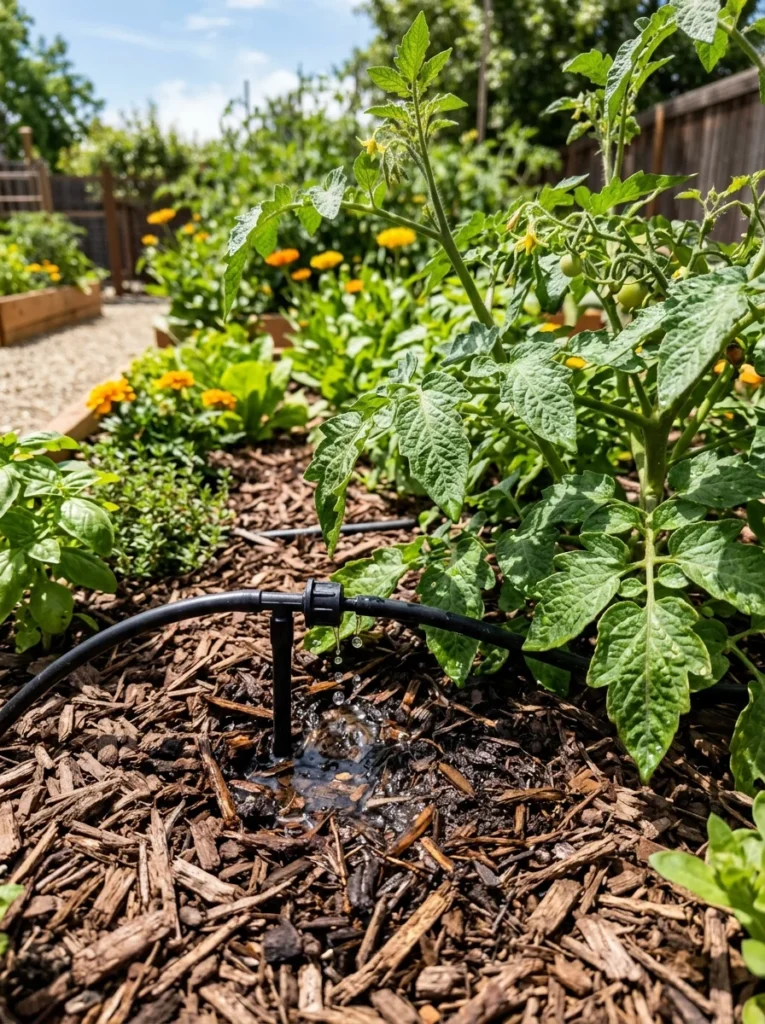 Drip irrigation system automatically watering a landscaped garden