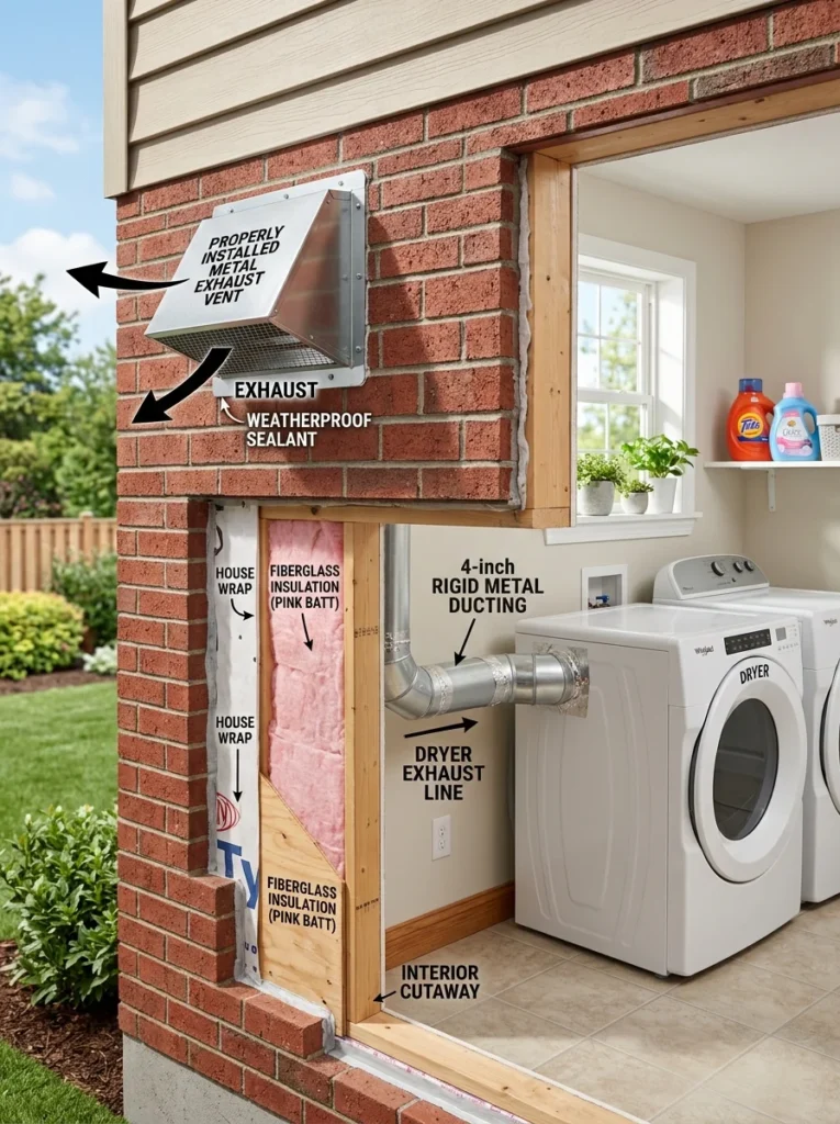 Properly installed metal dryer vent exhausting safely outside the home.