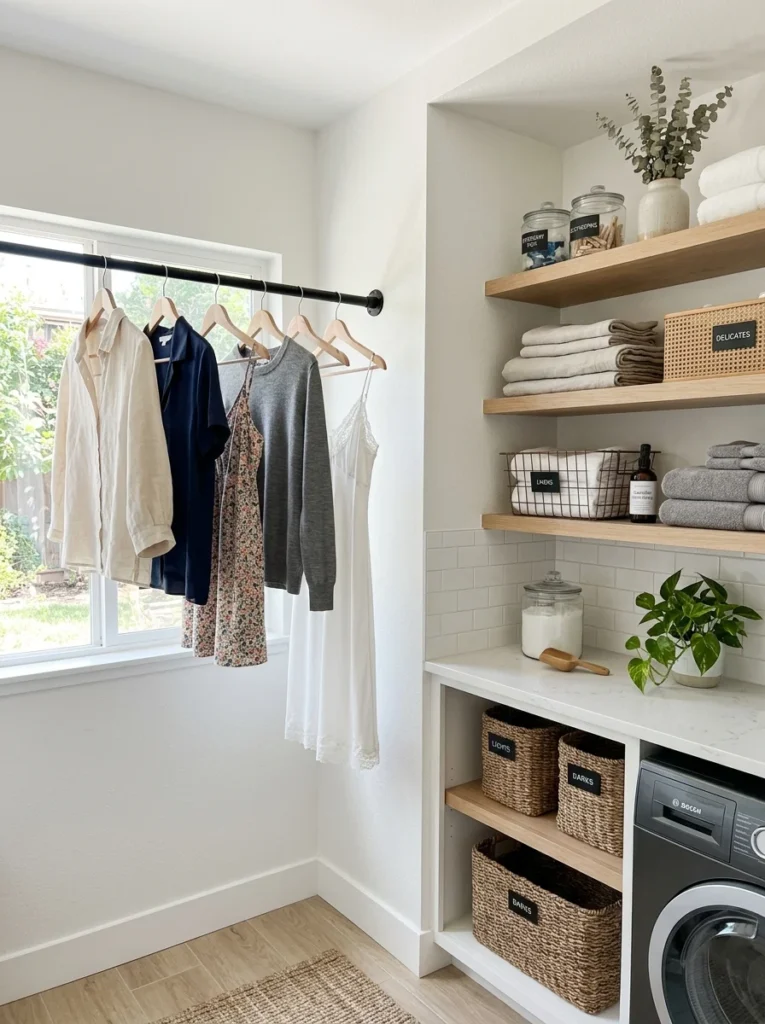 Hanging rod and hanger storage inside a laundry room.