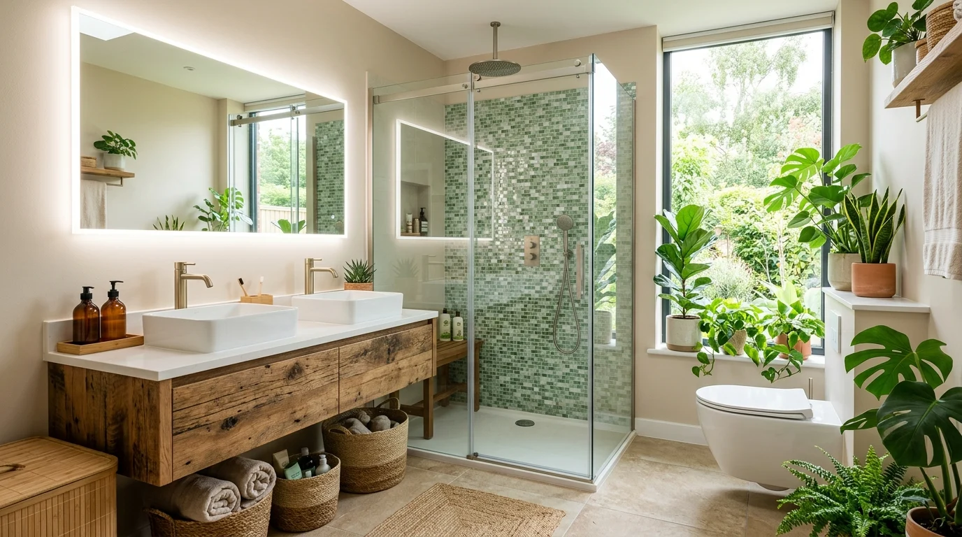 Modern eco-friendly bathroom featuring sustainable materials, water-saving fixtures, reclaimed wood vanity, and energy-efficient lighting.