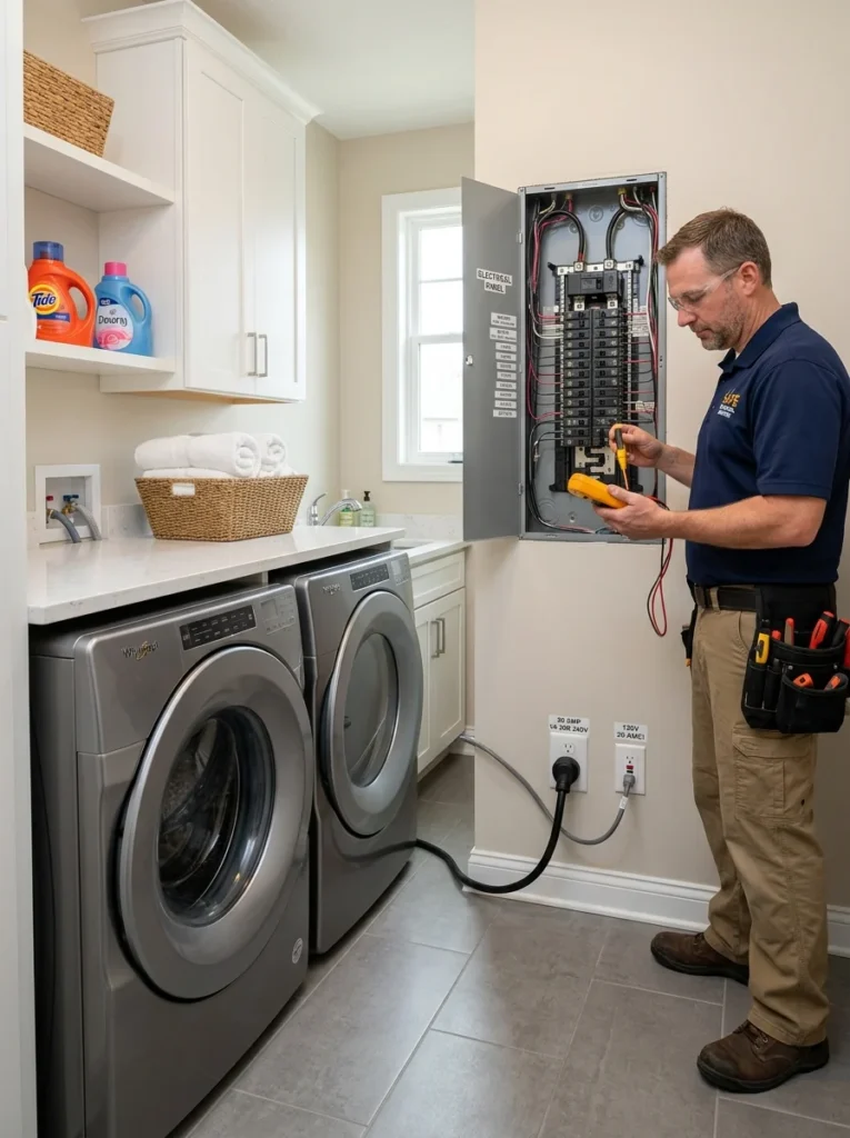 Electrician checking dedicated electrical connections for laundry appliances.