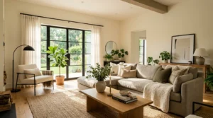 Timeless neutral living room with warm tones, natural textures, black accents, and cozy modern decor.