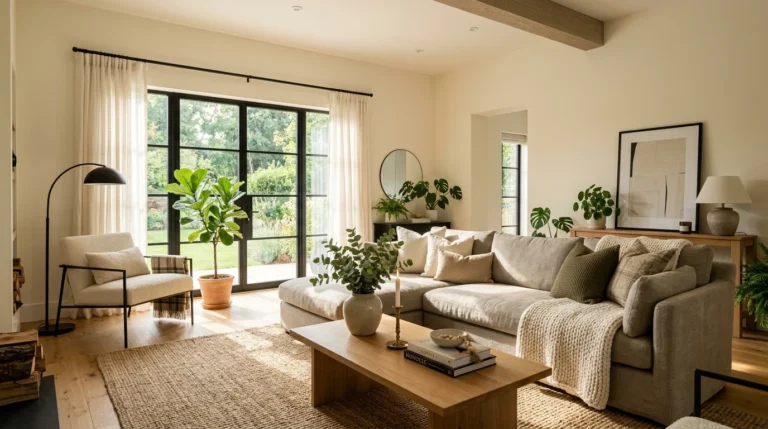 Timeless neutral living room with warm tones, natural textures, black accents, and cozy modern decor.