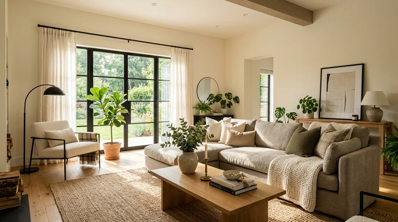Timeless neutral living room with warm tones, natural textures, black accents, and cozy modern decor.