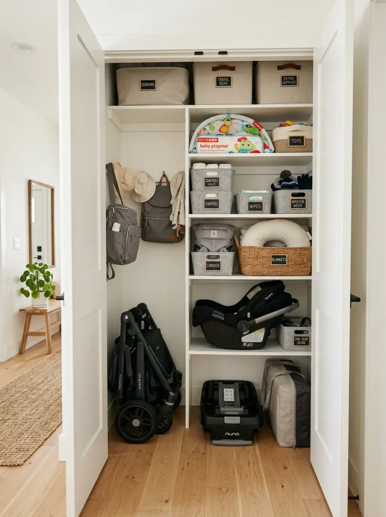 Entryway storage area neatly organizing stroller, car seat, and baby carrie