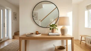 Modern console table styling ideas for an elegant entryway with layered decor.