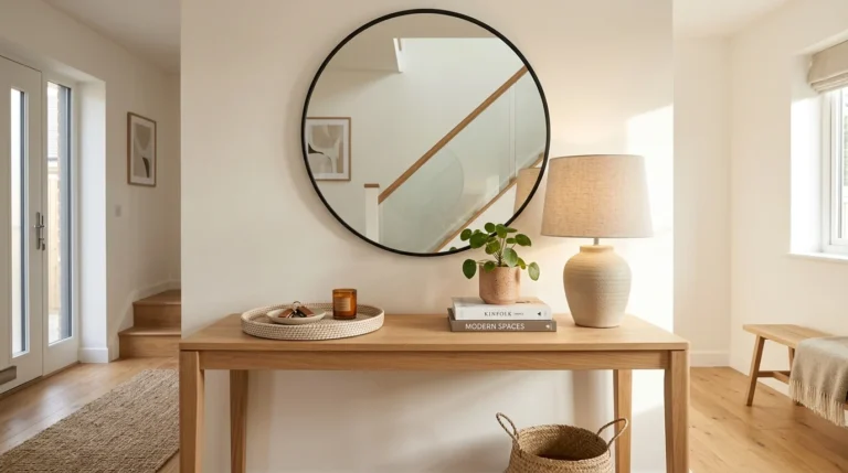 Modern console table styling ideas for an elegant entryway with layered decor.