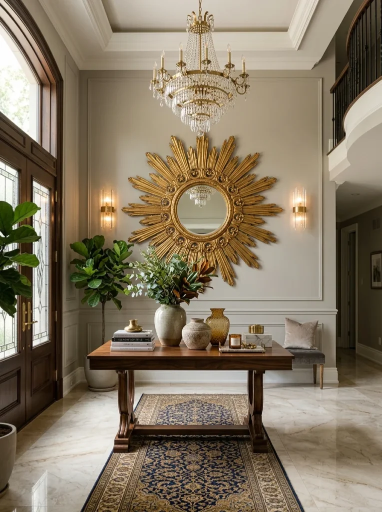 Large decorative statement mirror creating a focal point in a stylish entryway.