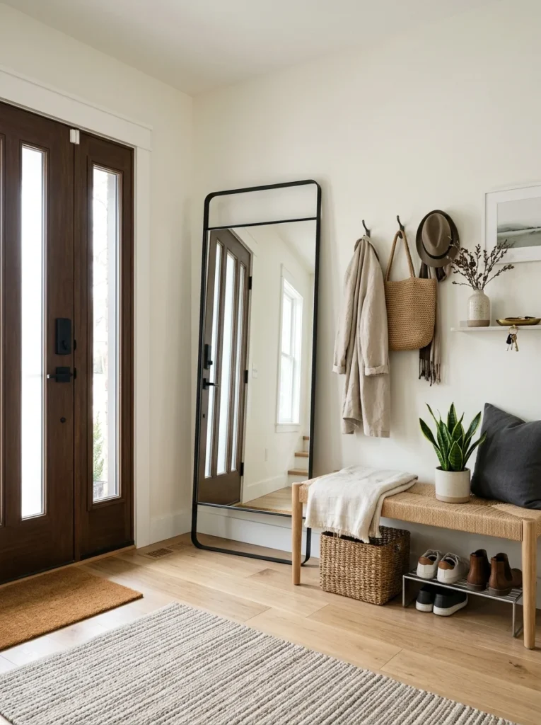 Functional full-length mirror in a modern entryway.