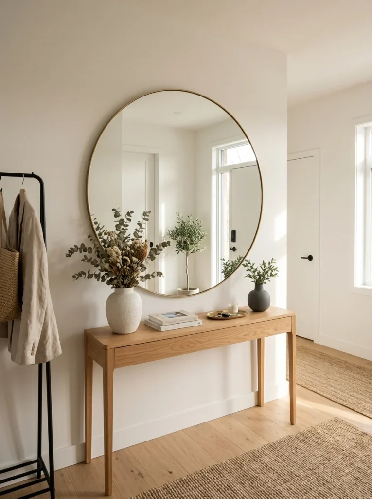 Modern entryway showing how a round mirror complements room design.