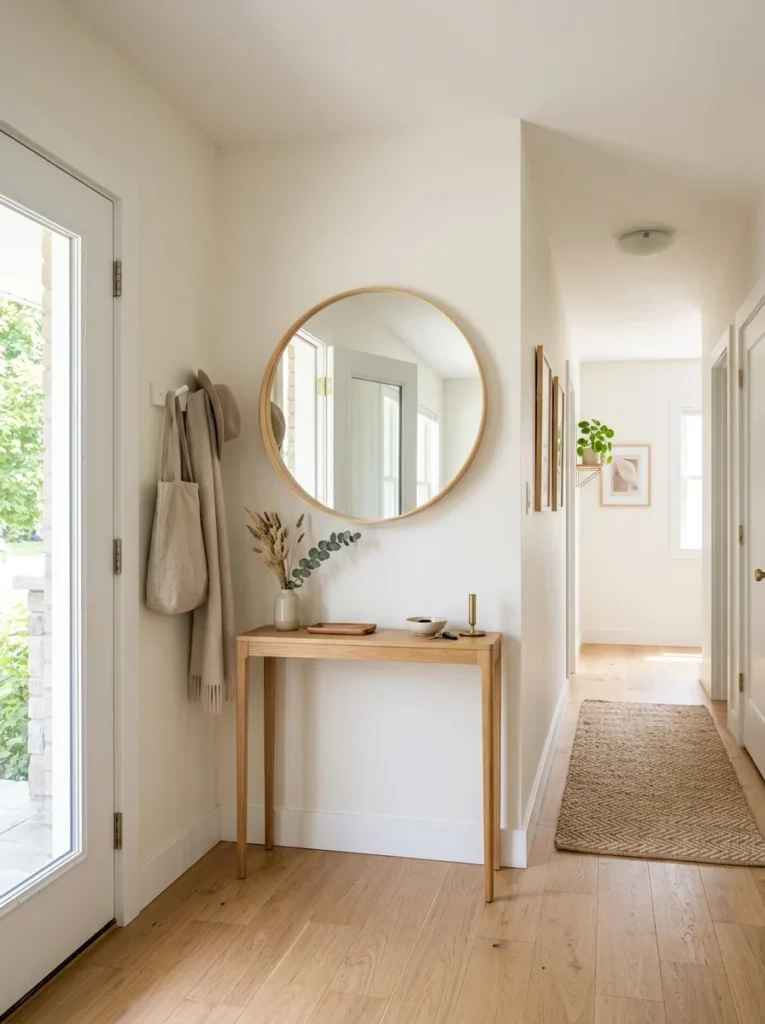 Round wall mirror making a compact hallway feel brighter and more spacious.
