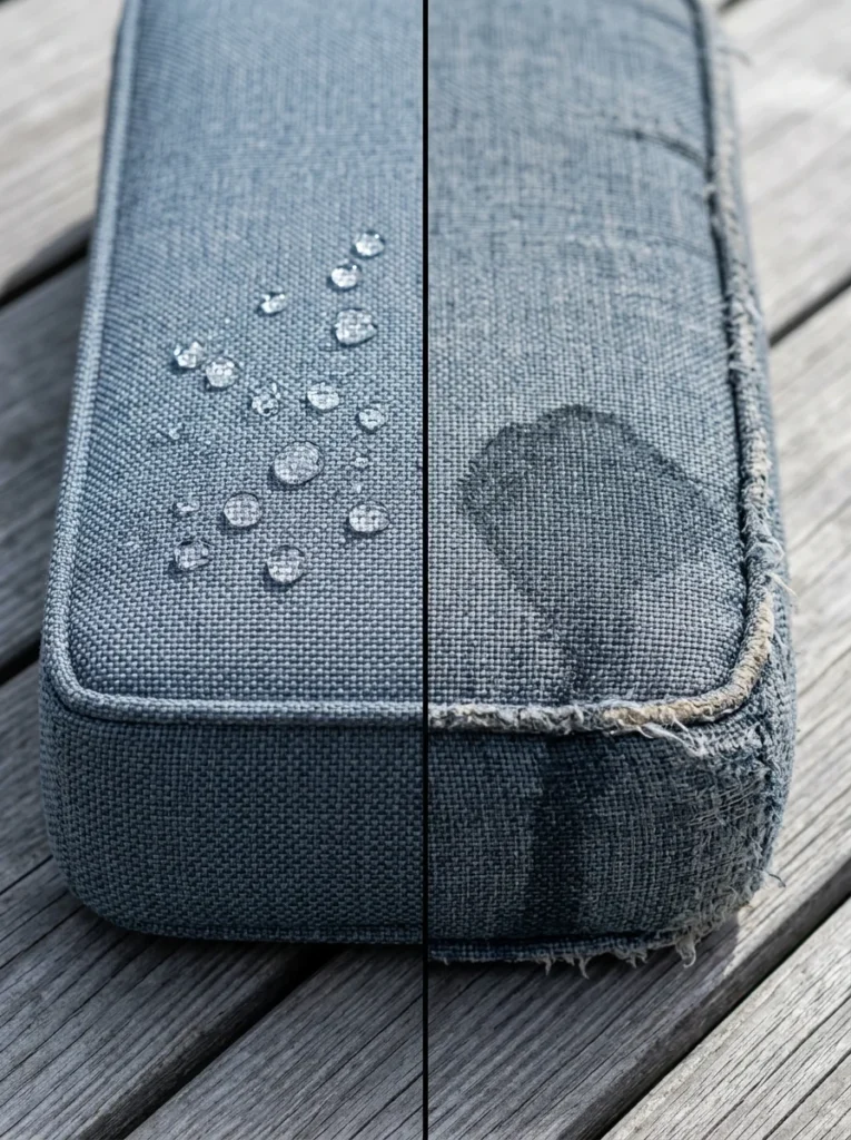 Comparison of premium outdoor cushion fabrics and weather resistance.