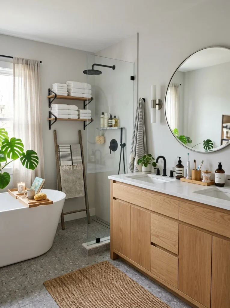 Organized family bathroom designed around everyday shower and bathing habits.
