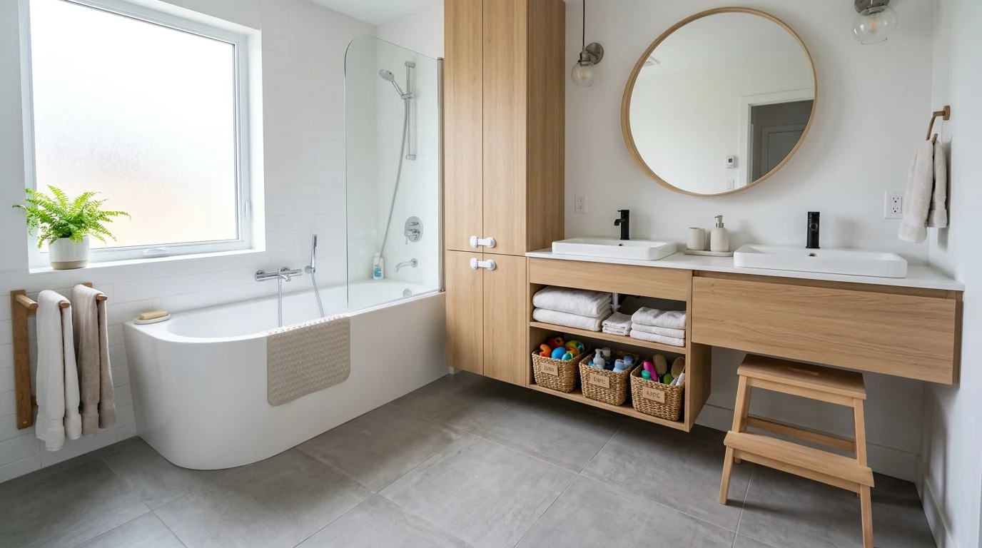 Modern kid-friendly bathroom with safe storage, step stool, non-slip flooring, and stylish family-friendly design.