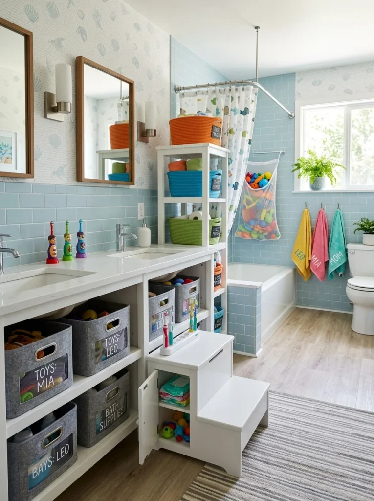 Organized family bathroom with kid-friendly storage baskets and bath toy organization.