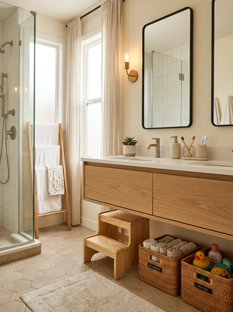 Modern family bathroom with child-friendly features and organized storage.