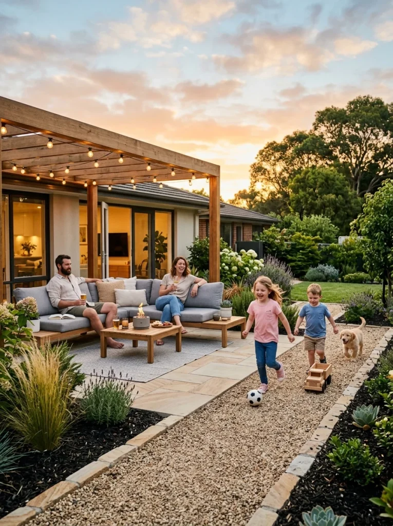 Family relaxing in a beautiful low-maintenance backyard with modern landscaping.