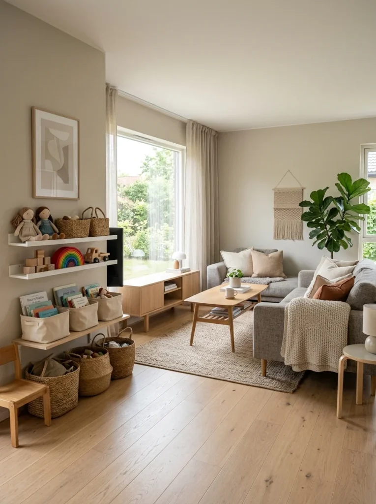 Family enjoying a clean organized minimalist home with children and simple storage solutions.