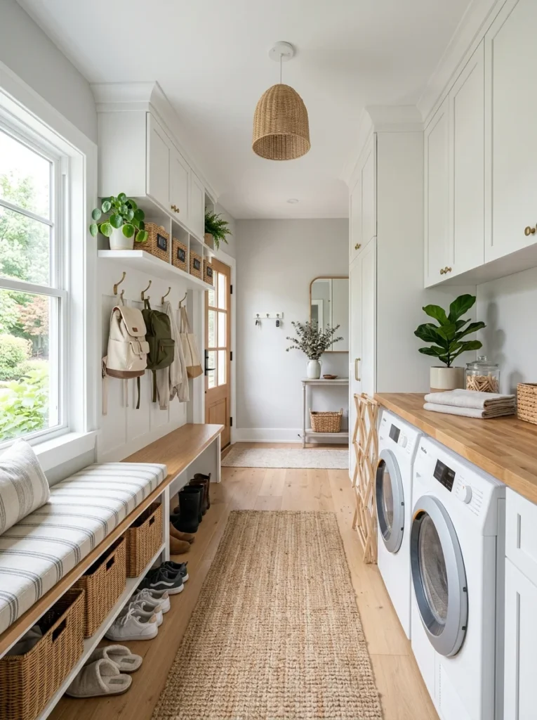 Beautifully designed combined laundry room and mudroom with organized storage and modern décor.
