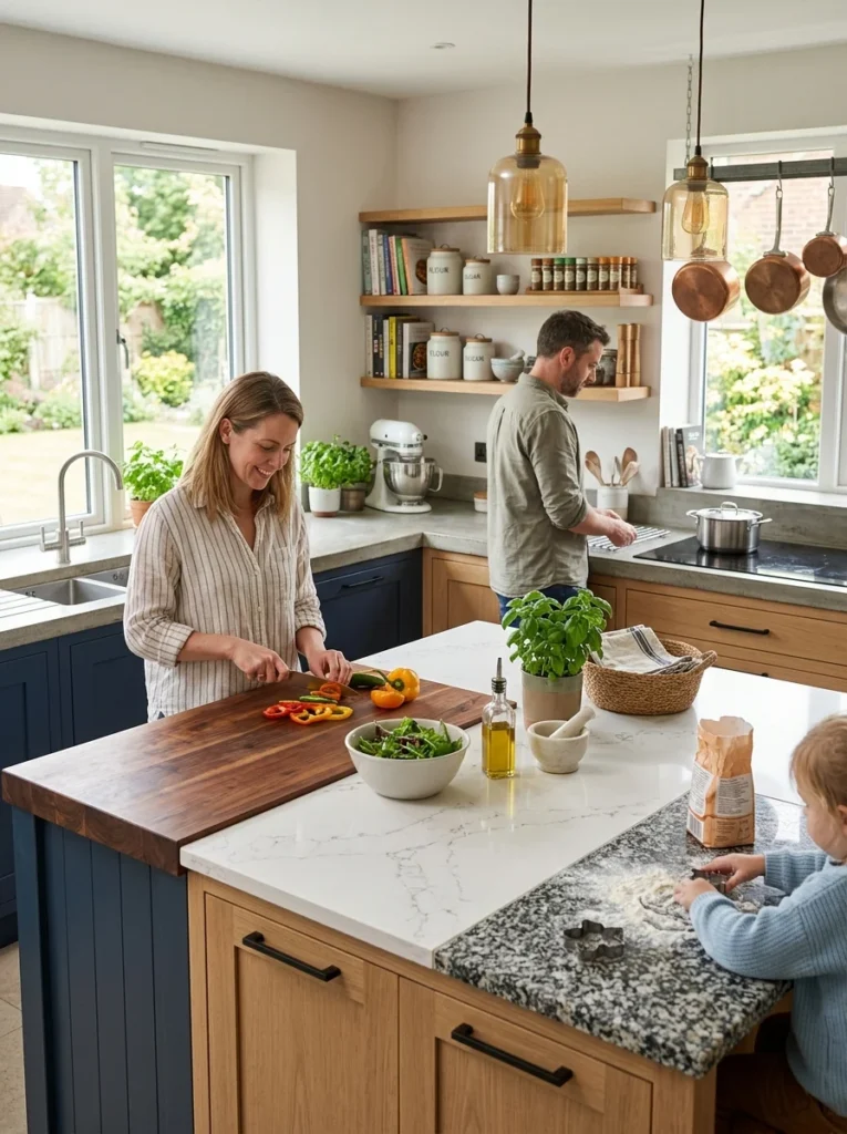 Stylish kitchen showing countertop materials matched to different cooking lifestyles.